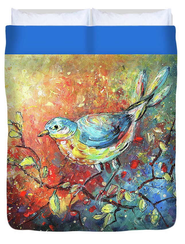Birds Duvet Cover featuring the painting Blue Bird 01 by Miki De Goodaboom