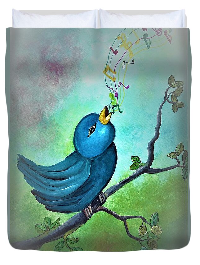 Bird Duvet Cover featuring the painting Blue bird singing by Tara Krishna