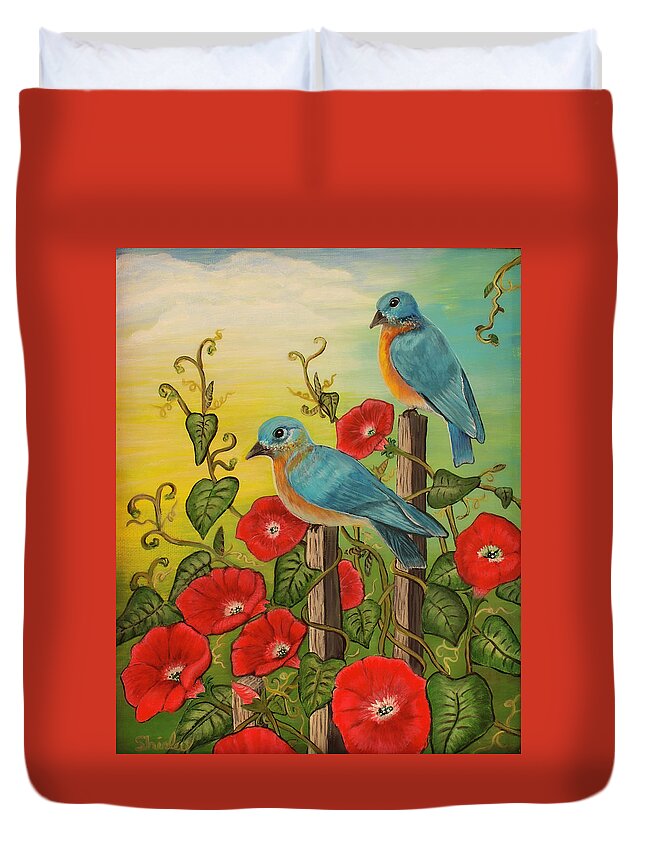 Birds Duvet Cover featuring the painting Blue Birds at Sunset by Shirley Dutchkowski