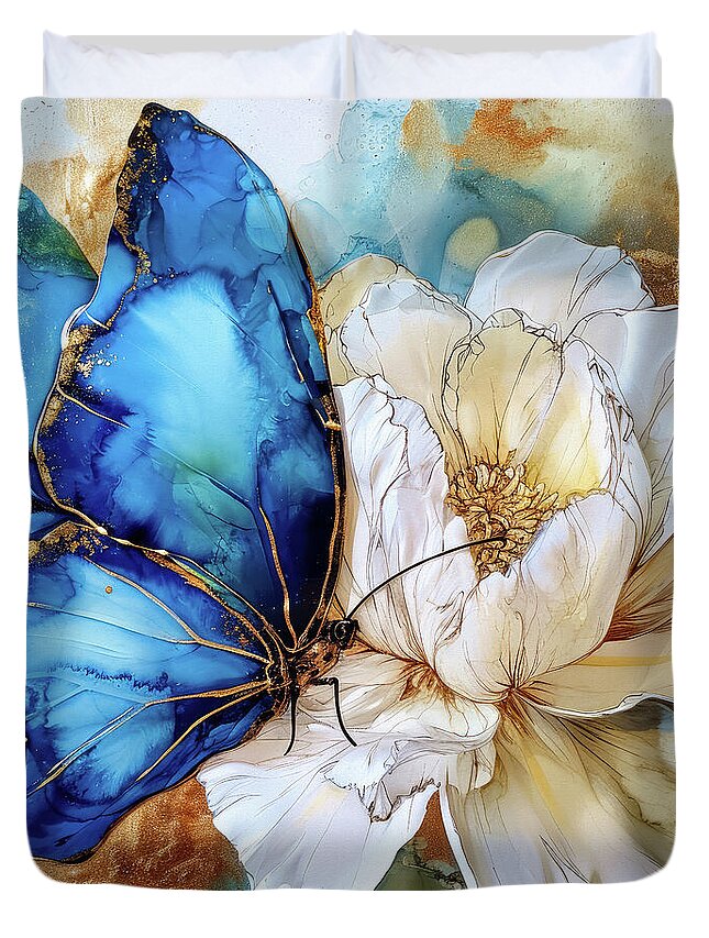 Butterfly Duvet Cover featuring the painting Blue Butterfly Elegance by Tina LeCour