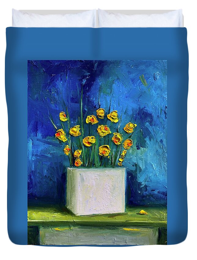 Daffodils Duvet Cover featuring the painting Blue Daffodils by Roger Clarke