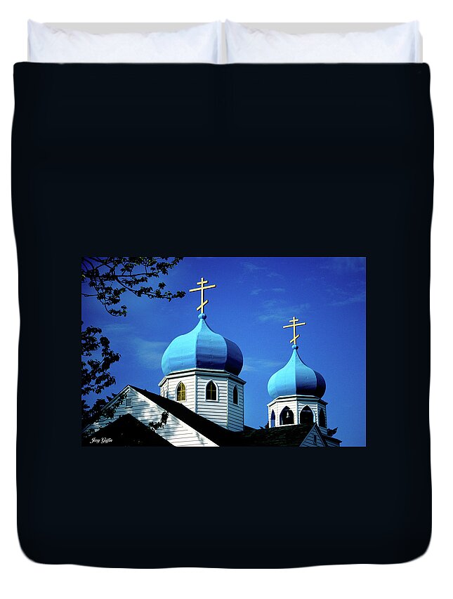 Russian Church Duvet Cover featuring the photograph Blue Domes by Jerry Griffin