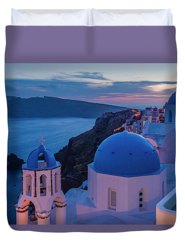 Aegean Sea Duvet Cover featuring the photograph Blue Domes Of Santorini by Evgeni Dinev