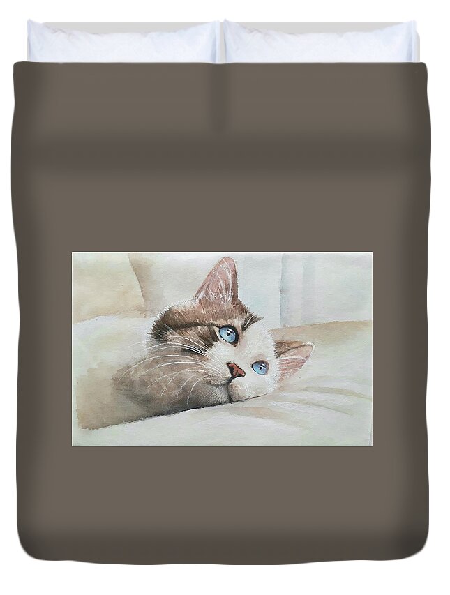 Japanese Paper Duvet Cover featuring the drawing Blue eyed cat by Carolina Prieto Moreno