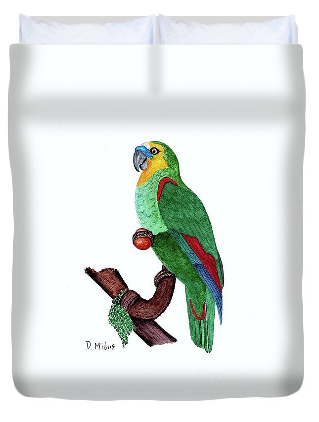 Blue Fronted Amazon Parrot Duvet Cover featuring the painting Blue Fronted Parrot Day 5 Challenge by Donna Mibus