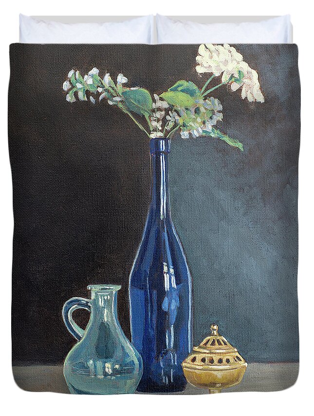 Taste Duvet Cover featuring the painting Blue Glass Wine Bottle with Flowers Water Jug and Censer Still Life by Pablo Avanzini