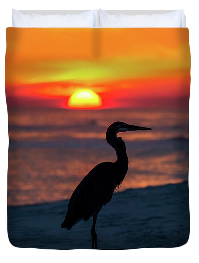 Great Duvet Cover featuring the photograph Blue Heron Beach Sunset by Beachtown Views