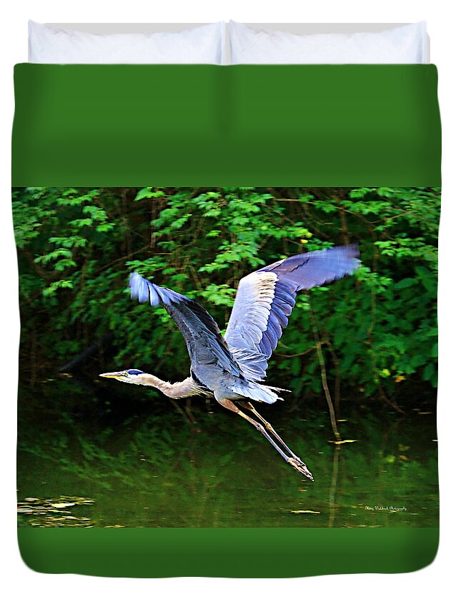 Blue Heron Duvet Cover featuring the photograph Blue Heron in Flight by Mary Walchuck