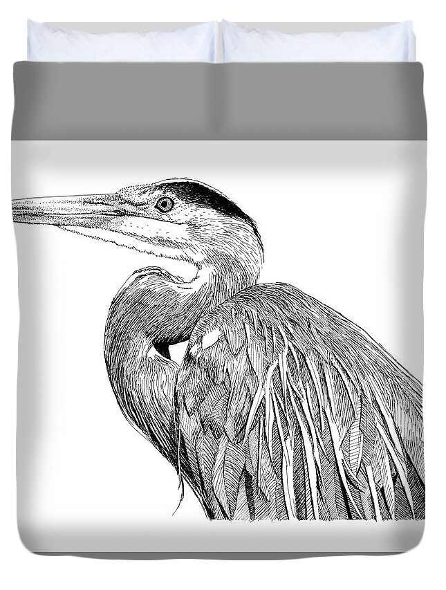 Blue Heron Duvet Cover featuring the drawing Blue Heron by Scott Woyak