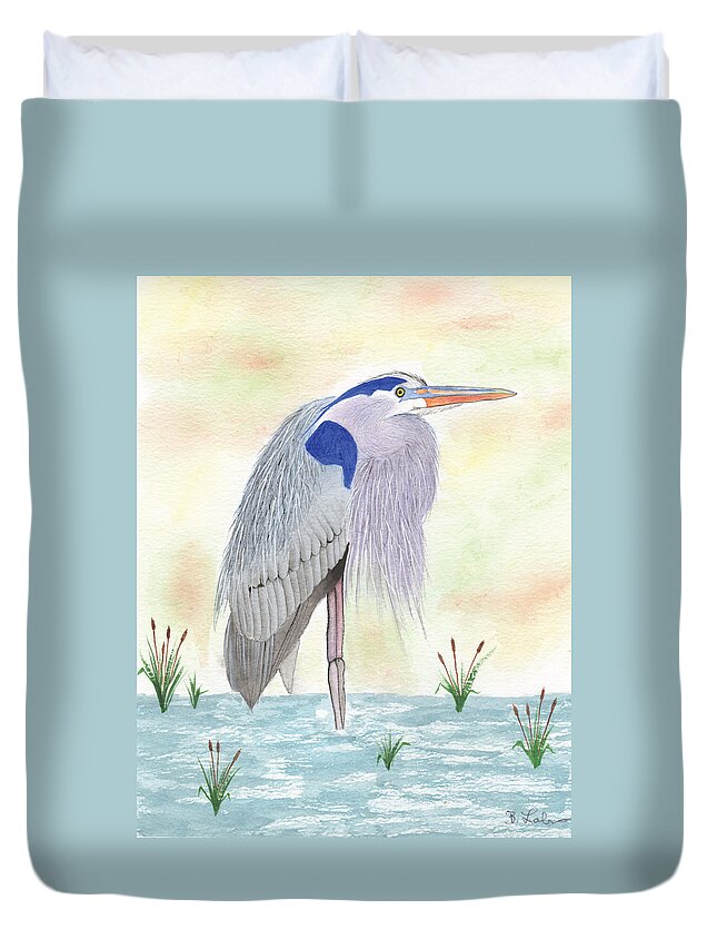 Blue Heron Duvet Cover featuring the painting Blue Heron Standing by Bob Labno