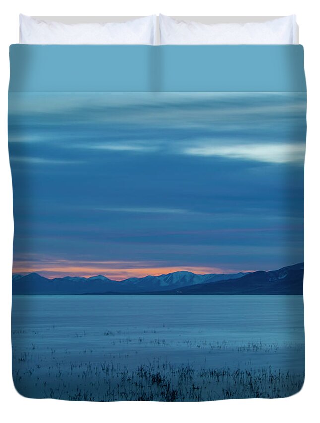 Sunset Duvet Cover featuring the photograph Blue Hour at Utah Lake by K Bradley Washburn