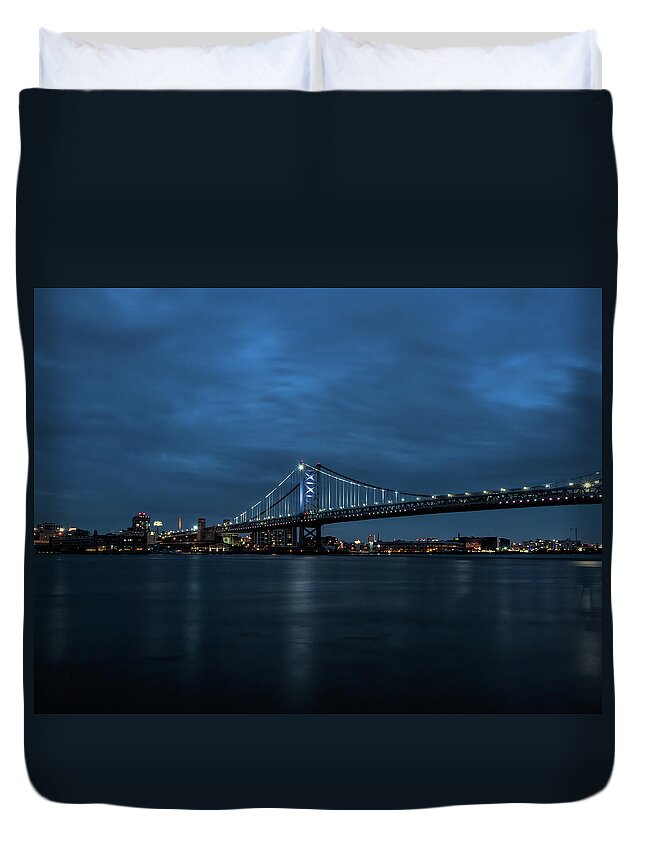 Bridge Duvet Cover featuring the photograph Blue Hour Over The Ben Franklin Bridge by Kristia Adams
