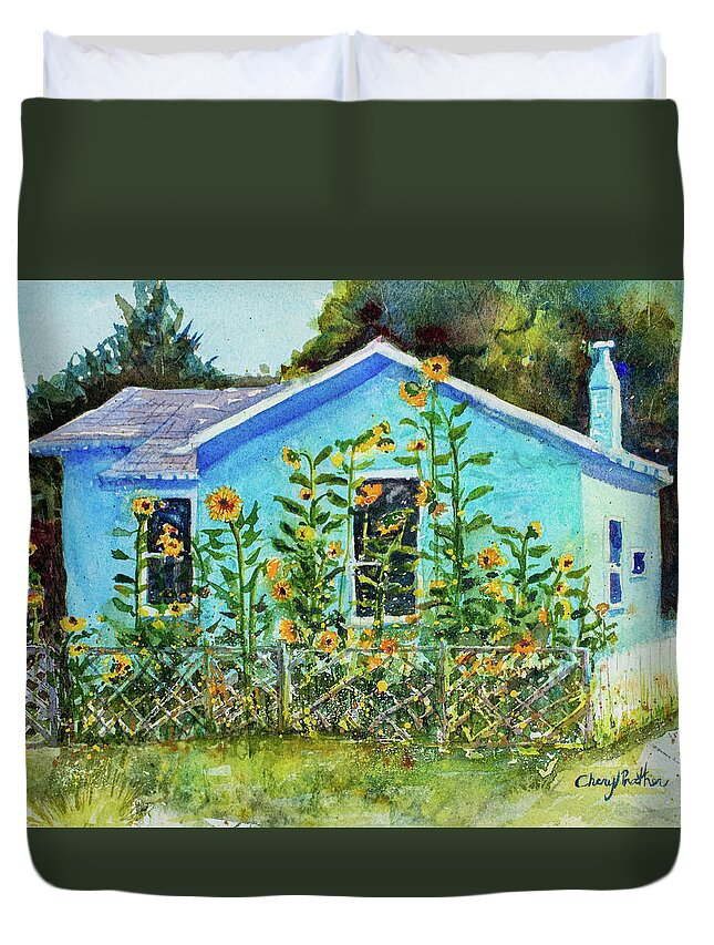 Landscape Duvet Cover featuring the painting Blue House by Cheryl Prather