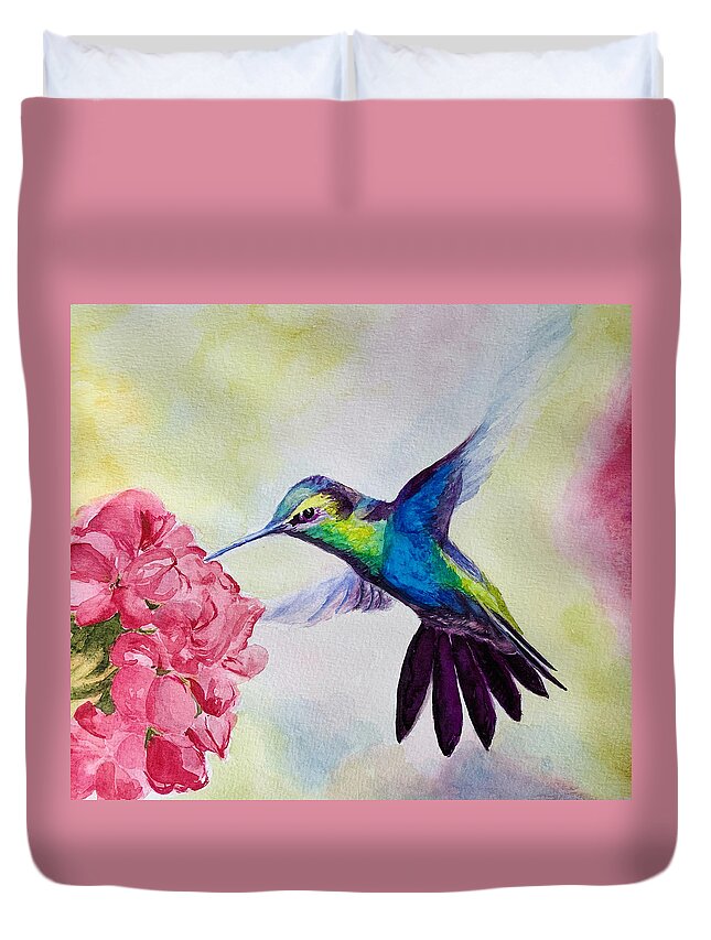 Humming Bird Duvet Cover featuring the painting Blue Hummingbird by Tracy Hutchinson