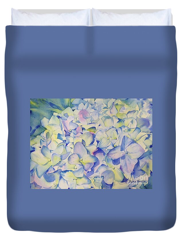 Hydrangeas Duvet Cover featuring the painting Blue Hydrangeas by Liana Yarckin