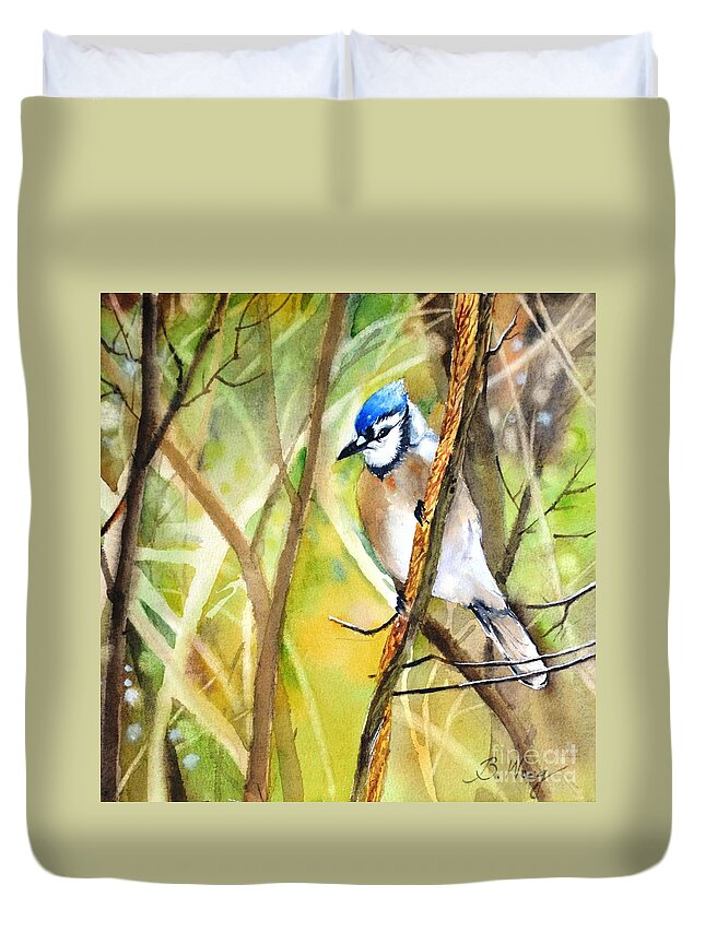Blue Jay Duvet Cover featuring the painting Blue Jay by Betty M M Wong