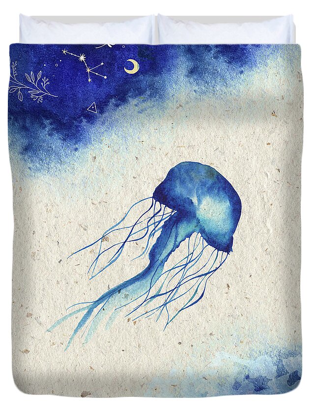 Blue Jellyfish Duvet Cover featuring the painting Blue Jellyfish by Garden Of Delights