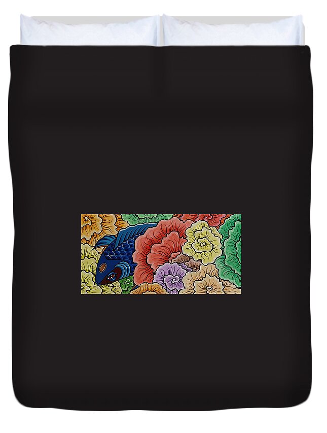 Koi Fish Duvet Cover featuring the painting Blue Koi with Thought Flowers by Bryon Stewart