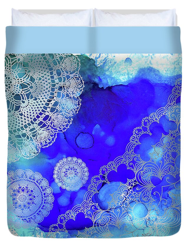 Blue Duvet Cover featuring the mixed media Blue Lace Abstract 58 by Lucie Dumas