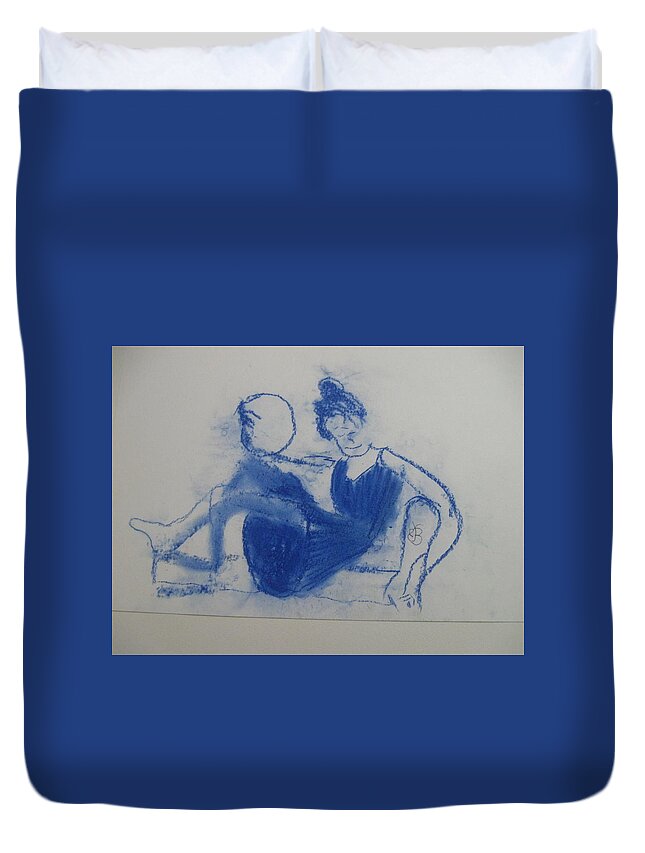 Blue Duvet Cover featuring the drawing Blue Lady with a Hoop by AJ Brown