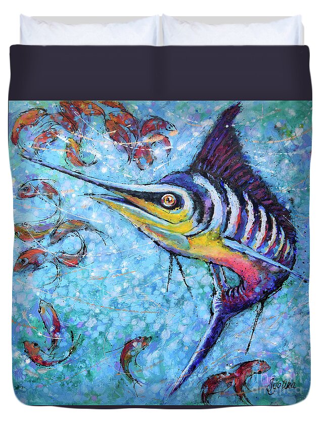 Blue Marlin Duvet Cover featuring the painting Blue Marlin Hunting by Jyotika Shroff