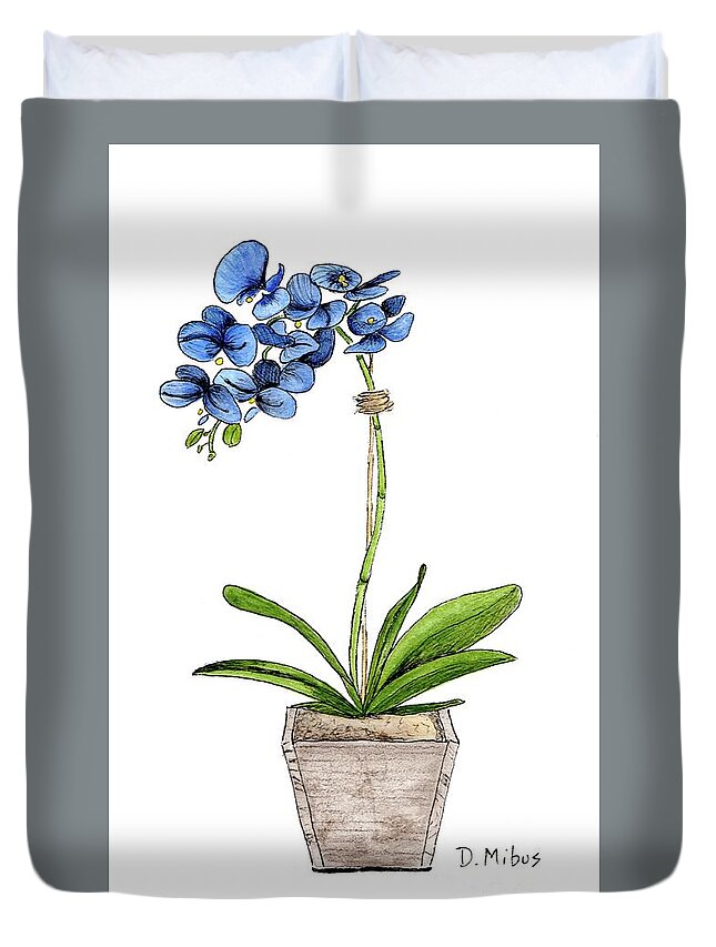 Blue Mystique Orchids Duvet Cover featuring the painting Blue Mystique Orchids in Wood Planter by Donna Mibus