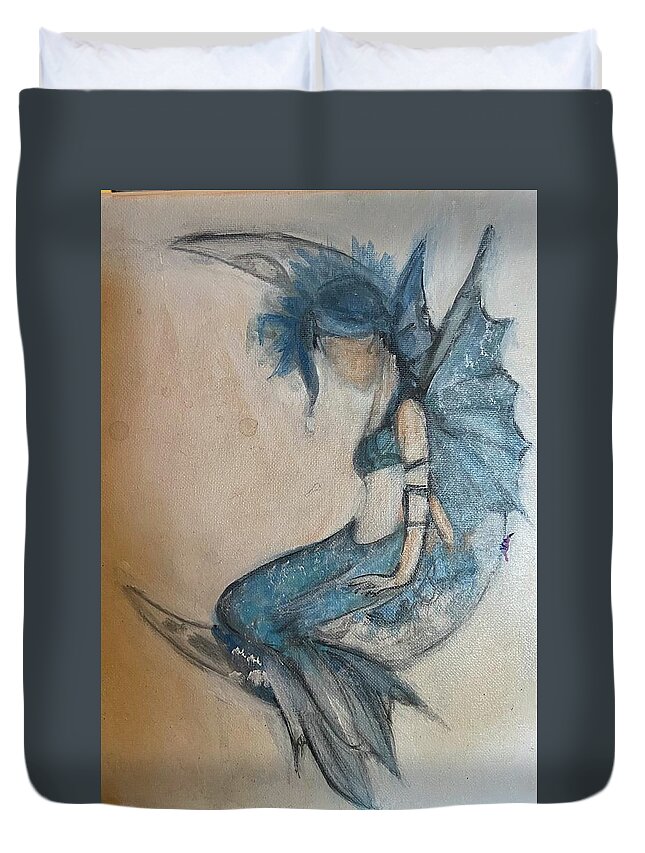 Blue Mermaid Duvet Cover featuring the painting Blue Nymph by Denice Palanuk Wilson