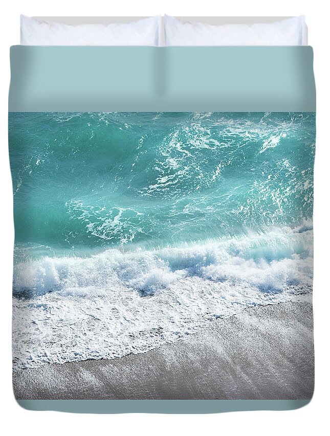 Beach Duvet Cover featuring the photograph Blue Ocean Breaking Waves Aerial by Laura Fasulo