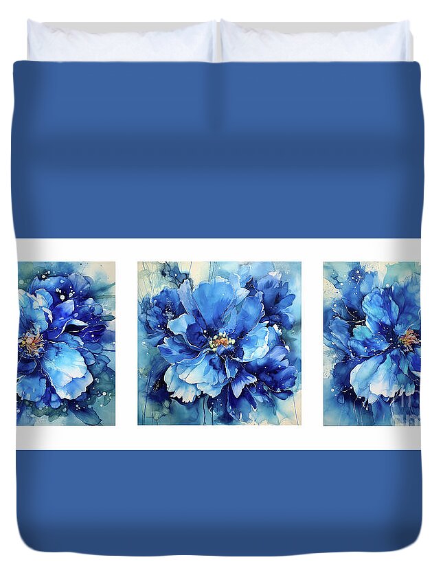 Peony Flowers Duvet Cover featuring the painting Blue Peony Collage by Tina LeCour