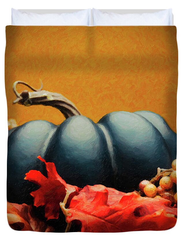 Autumn Duvet Cover featuring the digital art Blue Pumpkin and Autumn Foliage by SR Green