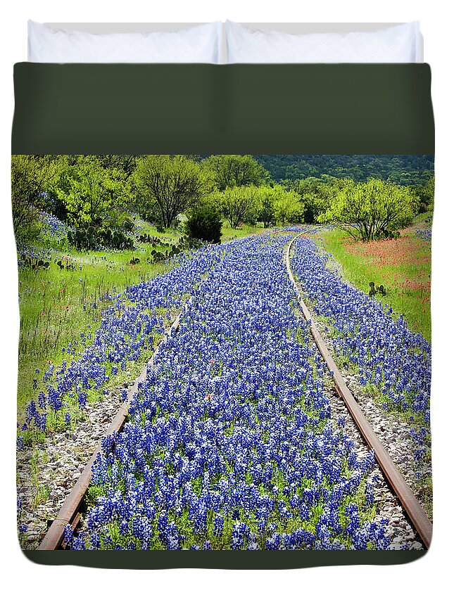 Abandoned Duvet Cover featuring the photograph Blue Railroad by Eggers Photography