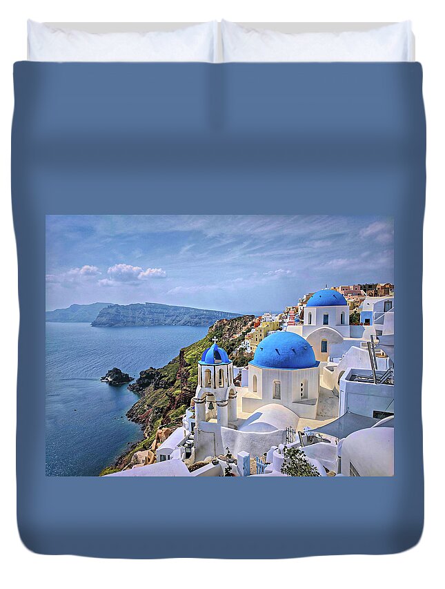 Oia Duvet Cover featuring the photograph Blue Roofs of Oia Santorini by Yvonne Jasinski