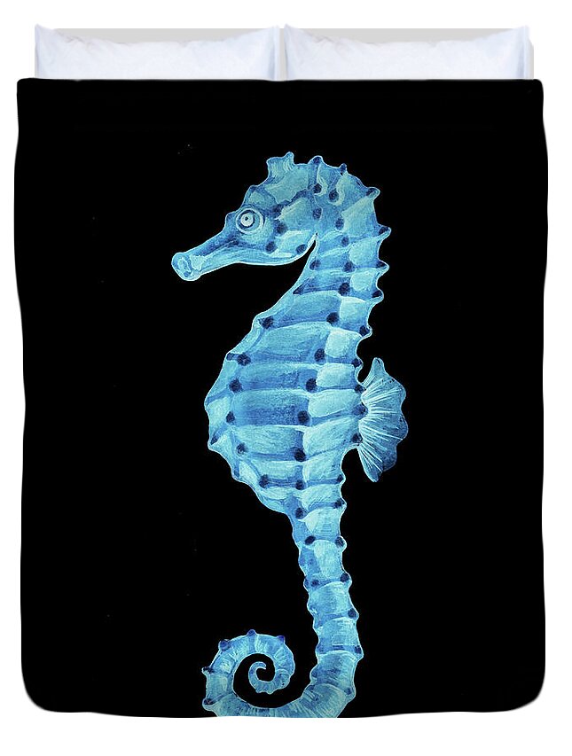 Seahorse Duvet Cover featuring the painting Blue Seahorse On Black by Irina Sztukowski
