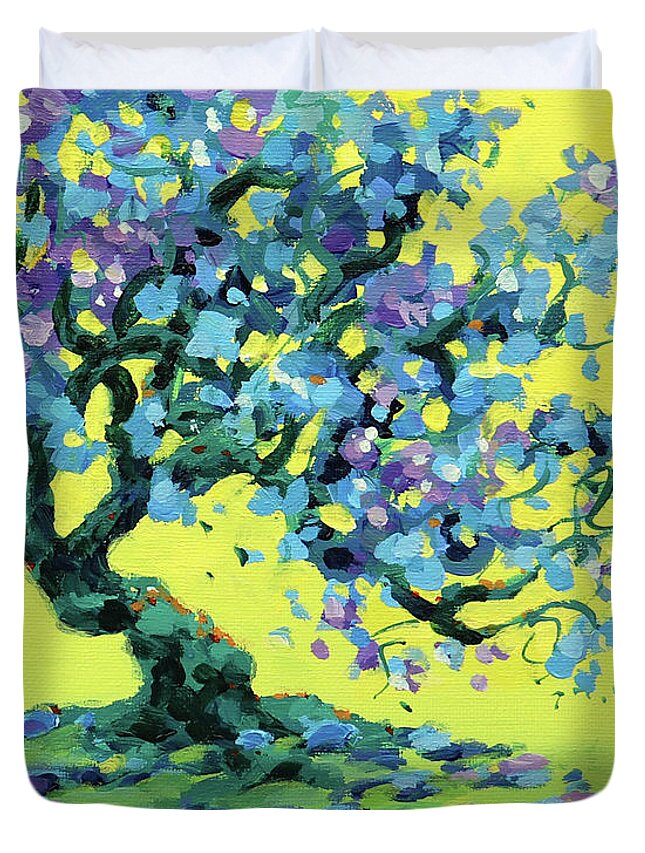 Tree Duvet Cover featuring the painting Blue Tree by Karen Ilari