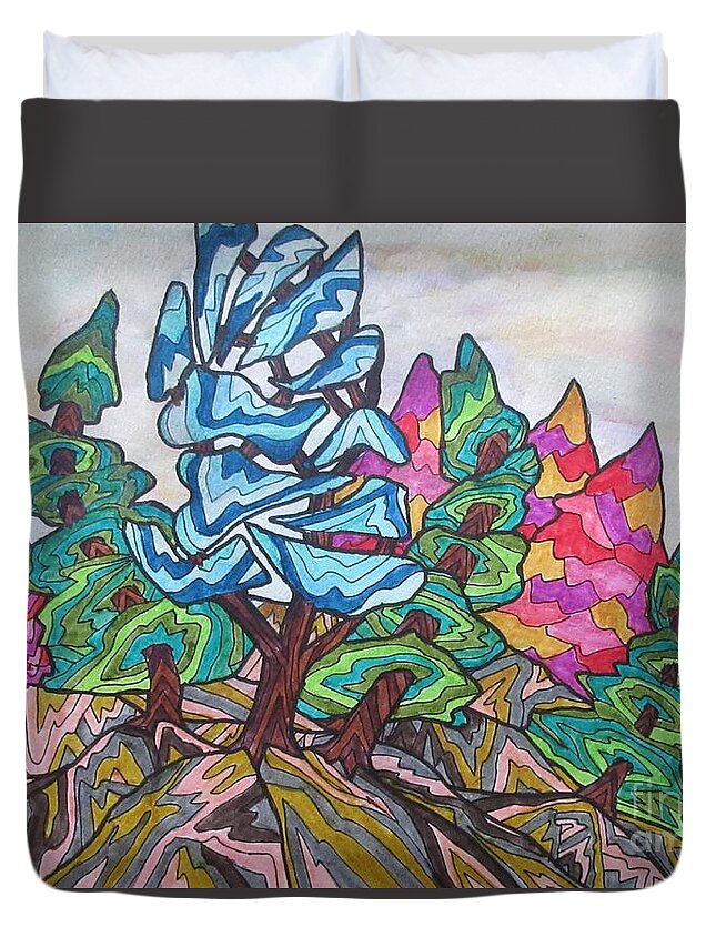 Tree Trees Landscape Abstract Nature Colour Pillow Bag Mask Ontario Canada Lobby Decor Office Woods Forrest Duvet Cover featuring the mixed media Blue Tree Ridge by Bradley Boug