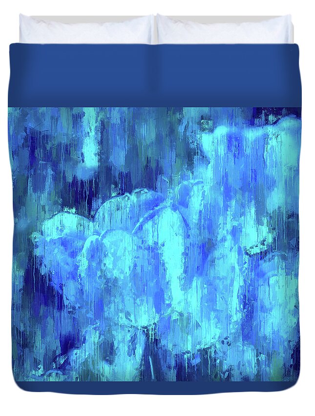 Blue Tulips Duvet Cover featuring the digital art Blue Tulips On A Rainy Day by Alex Mir
