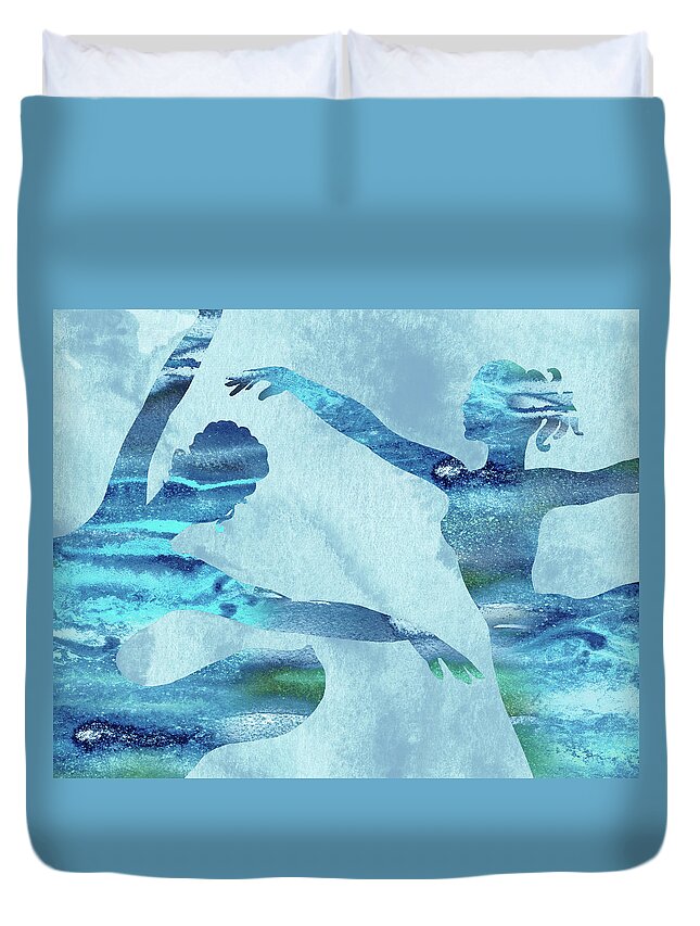 Ballerinas Duvet Cover featuring the painting Blue Watercolor Spinning Gorgeous Move Of Ballerinas Silhouette II by Irina Sztukowski