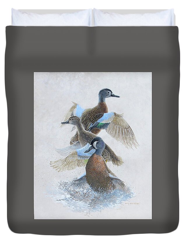 Birds Duvet Cover featuring the painting Blue-winged Teal Taking Off by Barry Kent MacKay