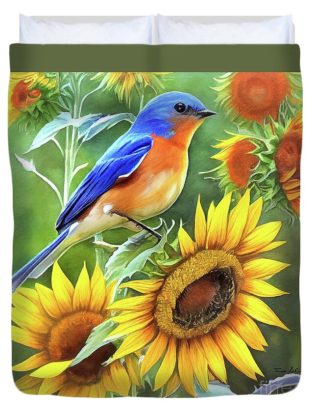 Bluebird Duvet Cover featuring the painting Bluebird Perched On The Sunflowers by Tina LeCour