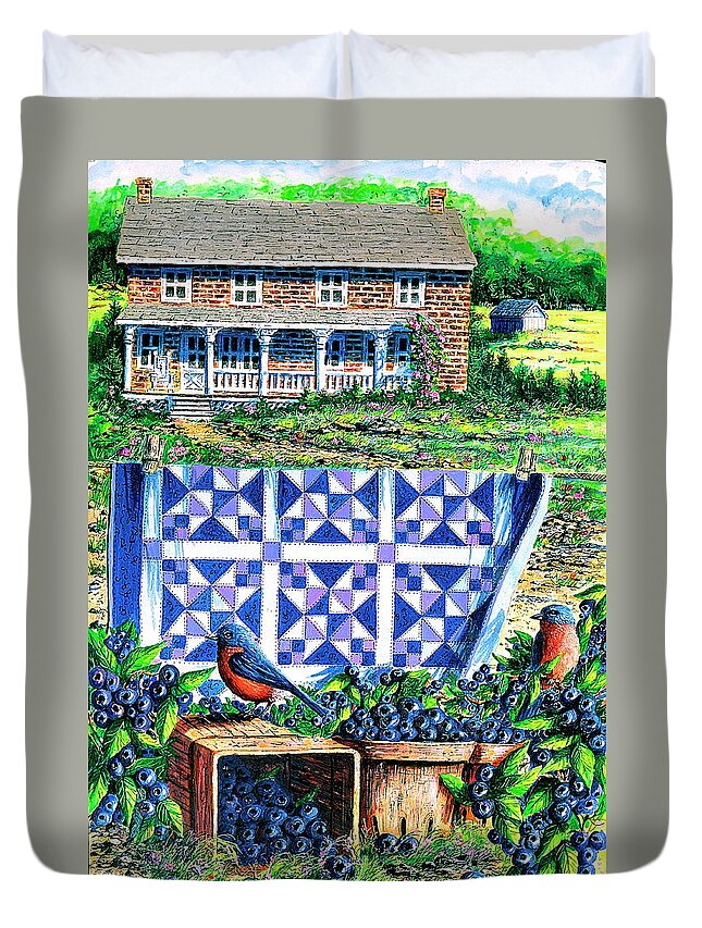 Blueberries Duvet Cover featuring the painting Bluebirds and Blueberries by Diane Phalen