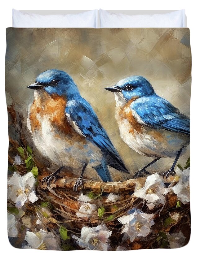 Bluebirds Duvet Cover featuring the painting Bluebirds On The Nest by Tina LeCour