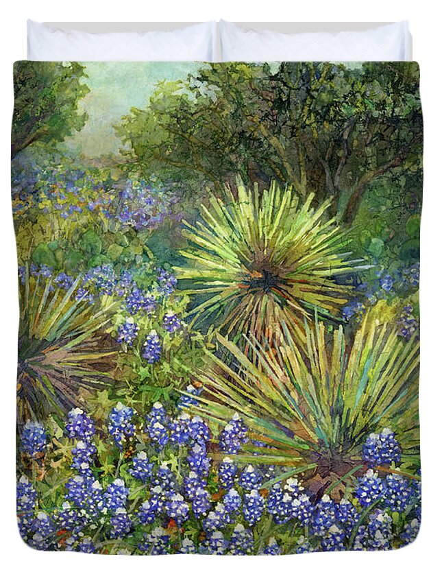 Cactus Duvet Cover featuring the painting Bluebonnets and Yucca 2 by Hailey E Herrera