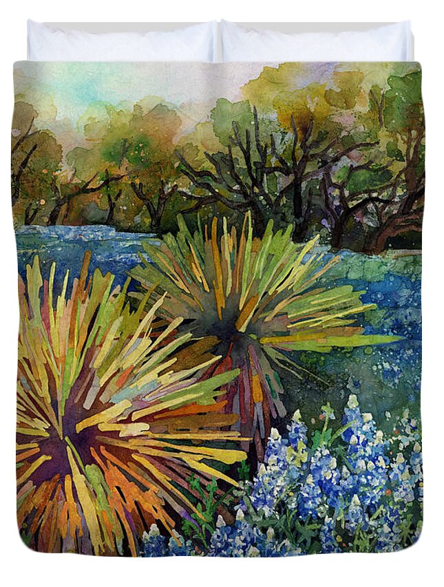 Cactus Duvet Cover featuring the painting Bluebonnets and Yucca by Hailey E Herrera