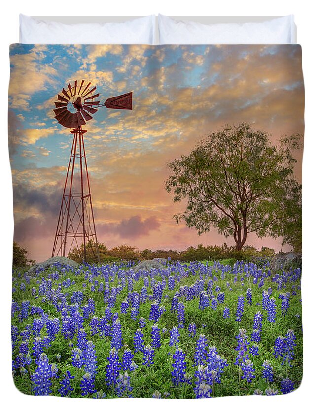 Bluebonnets Duvet Cover featuring the photograph Bluebonnets Beneath a Windmill 2 by Rob Greebon