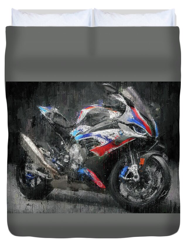 Motorcycle Duvet Cover featuring the painting BMW S1000RR Motorcycle by Vart by Vart