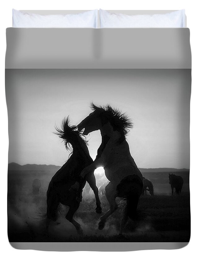 Horse Duvet Cover featuring the photograph BnW Face Mask Fight by Dirk Johnson