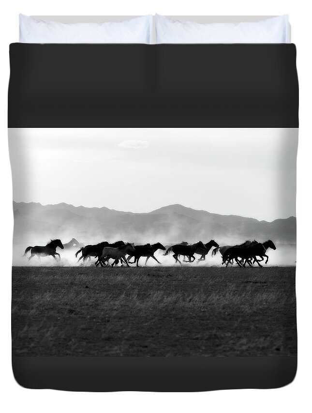 Wild Horse Duvet Cover featuring the photograph BnW Running Stallions in Dust by Dirk Johnson