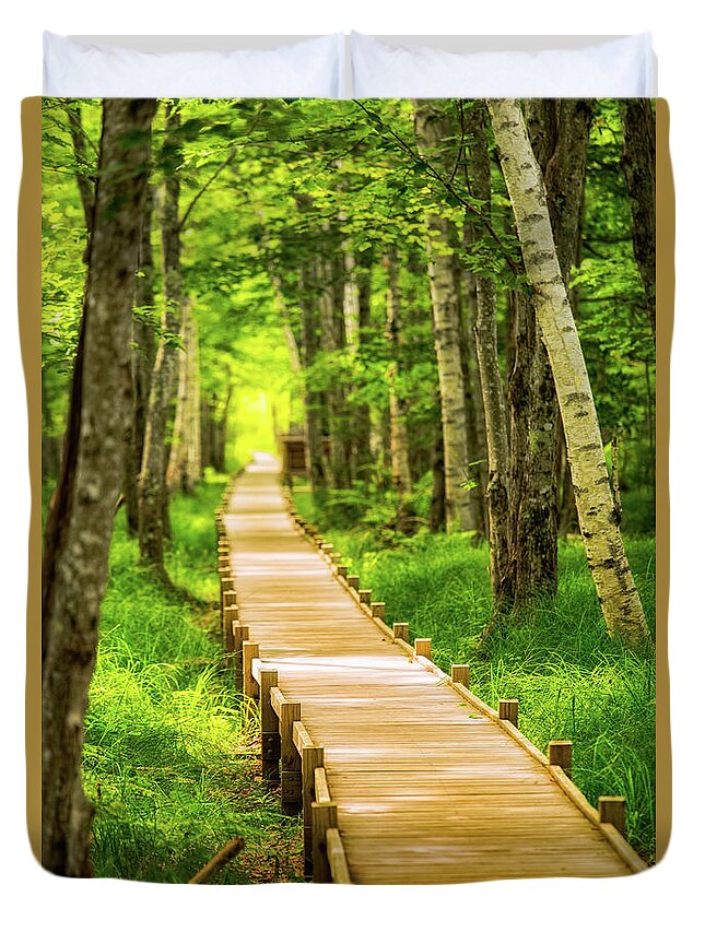 Acadia Duvet Cover featuring the photograph Boardwalk in the Forest by Jeff Sinon