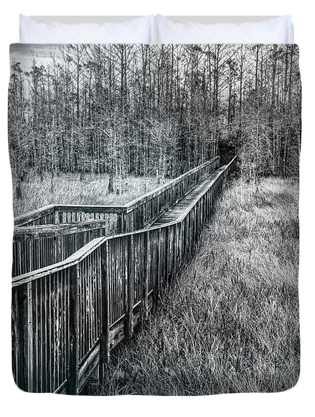 Clouds Duvet Cover featuring the photograph Boardwalk over the Marsh in Black and White by Debra and Dave Vanderlaan