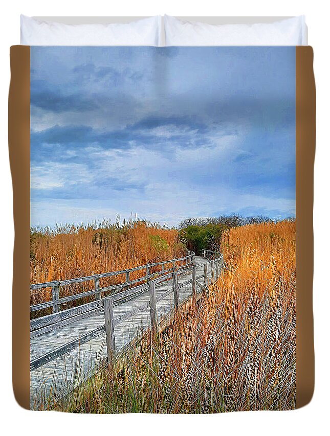 Boardwalk Duvet Cover featuring the photograph Boardwalk Trail Through Back Bay National Wildlife Refuge by Ola Allen